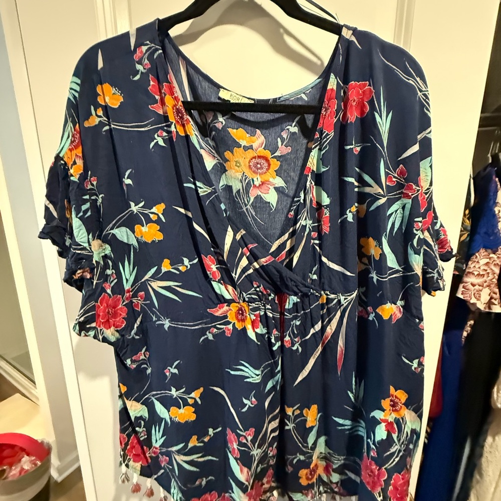 Kori Navy Floral Wrap Blouse